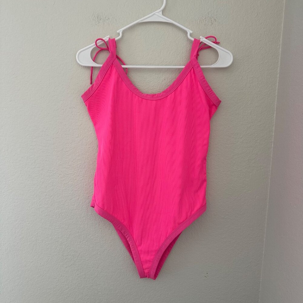 Tularosa Ribbed One Piece Swimsuit Scoop Neck Tie Straps Bright Pink Feminine Ba